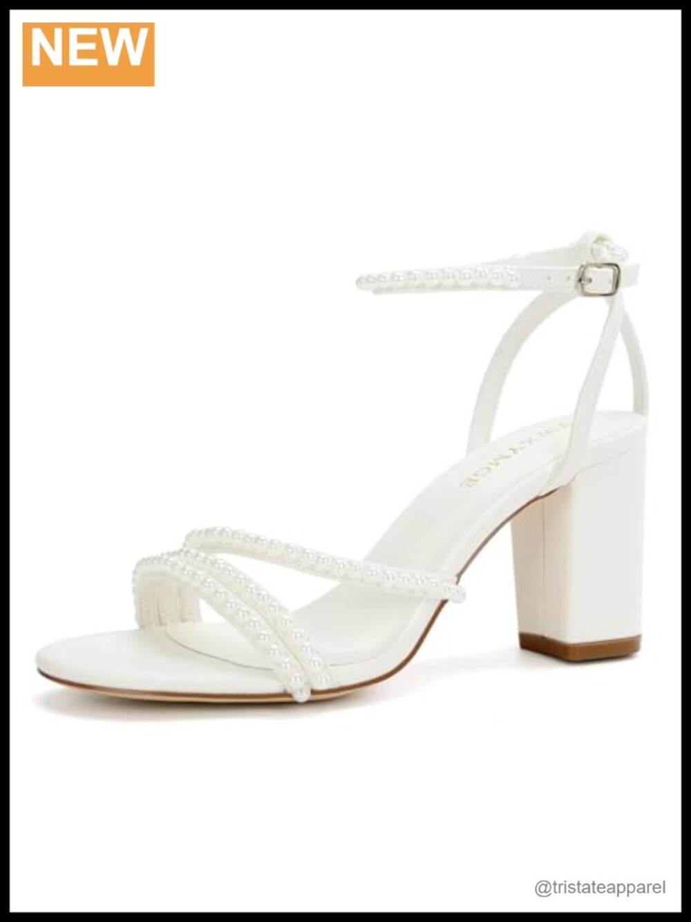 Block Heel Wedding Sandals with Pearl Ankle Strap Open Toe Satin Bride Heels